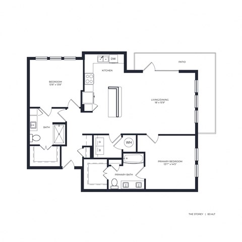 Floor plan for 2 beds, 2 baths, 1291 sqft